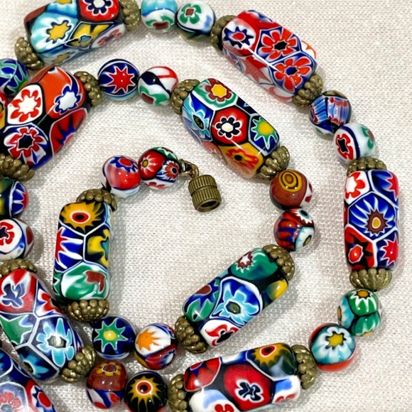 RARE Vintage Murano Millefiori Moretti Venetian Rectangle Glass Bead Necklace - Picture 6 of 11